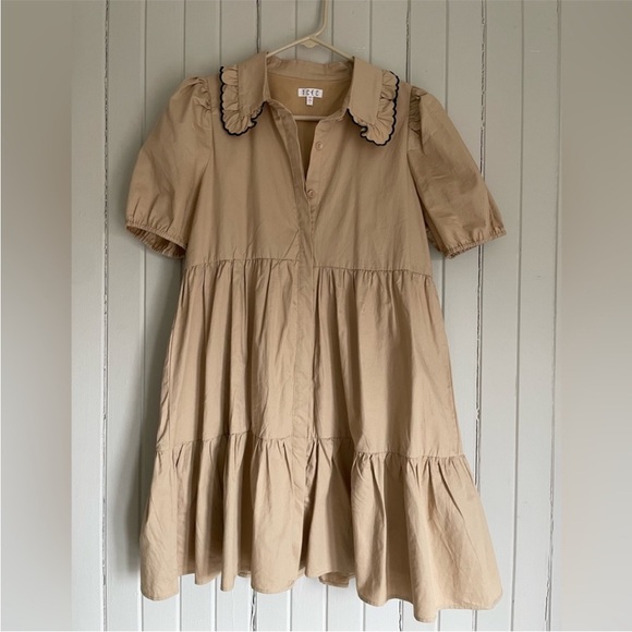 TCEC Dresses & Skirts - TCEC Tan Mini Shirt Dress with Black Trim Resort Beach Coastal Summer Sz Lg